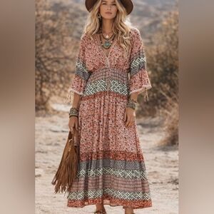 Diane Von Furstenberg Boho Maxi Dress Viscose Festival Resort Peasant Earthy L